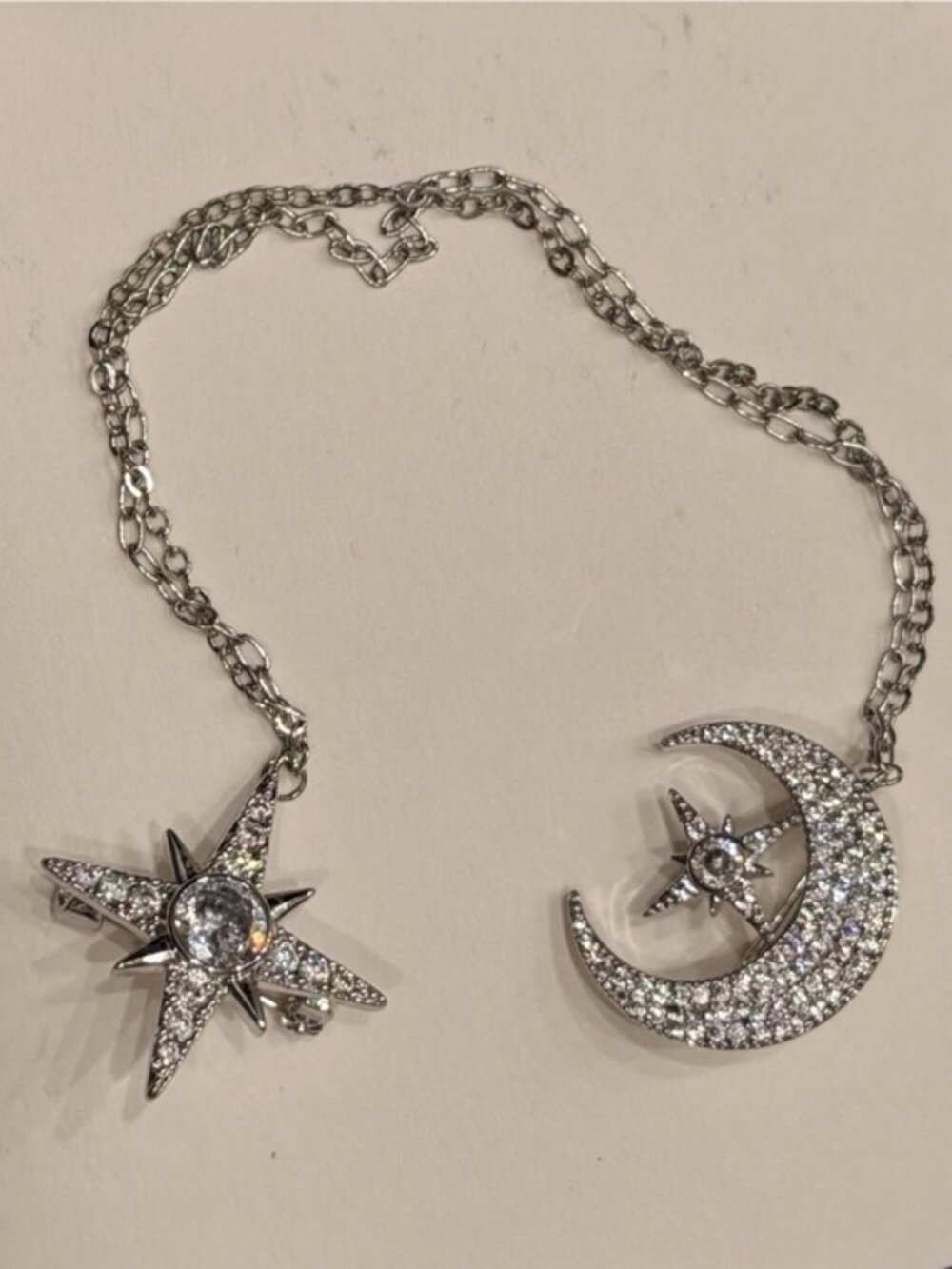 Silver Star and Crescent Moon Crystal Brooch Pin